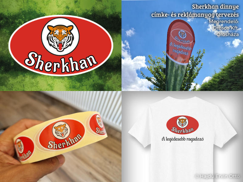 Sherkhan dinnye címke- és reklámanyag tervezés. Megrendelő: Orosco Kft., Orosháza